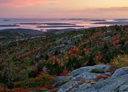 Park Narodowy Acadia, Zachód słońca, Skały, Morze, Jesień, Drzewa, Lasy, Stan Maine, Stany Zjednoczone