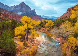 Jesień, Góry, Góra Watchman, Rzeka, Virgin River, Kamienie, Drzewa, Park Narodowy Zion, Utah, Stany Zjednoczone