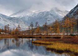 Jesień, Jezioro Jacka Londona, Góry, Mgła, Drzewa, Kołyma, Magadan, Rosja