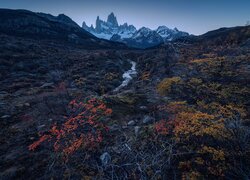 Jesienna roślinność nad rzeką i szczyt Fitz Roy w oddali