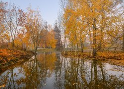 Jesienne brzozy nad stawem na tle cerkwi