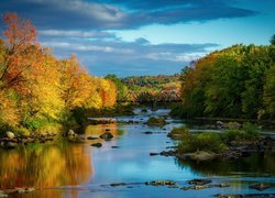 Jesień, Rzeka, Most, Drzewa, Kamienie