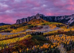 Stany Zjednoczone, Kolorado, San Juan Mountains, Jesień, Góry, Skały, Drzewa, Las, Niebo
