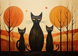 Jesienne drzewa i trzy czarne koty w grafice