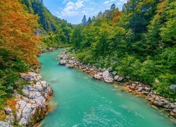 Słowenia, Triglavski Park Narodowy, Rzeka Socza, Skały, Jesień, Drzewa