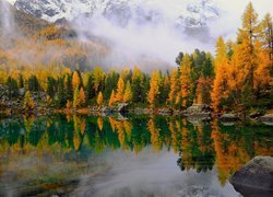 Góry, Jezioro, Drzewa, Jesień, Mgła, Odbicie