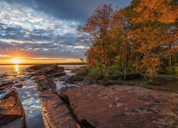 Jesienne drzewa na skałach nad Superior Lake w porannym słońcu