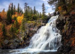 Jesień, Wodospad, Drzewa, Skała, Kamienie