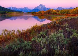 Stany Zjednoczone, Wyoming, Park Narodowy Grand Teton, Góry, Jezioro, Drzewa, Jesień