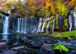 Japonia, Shizuoka, Park Narodowy Fudżi Hakone Izu, Wodospad Shiraito, Kamienie, Drzewa, Jesień