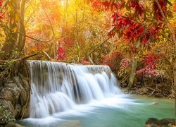 Jesień, Wodospad, Huai Mae Khamin, Prowincja Kanchanaburi, Las, Drzewa, Rośliny, Tajlandia