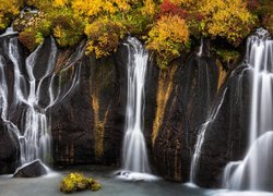 Jesień, Skały, Wodospad Hraunfossar, Roślinność, Region Vesturland, Islandia