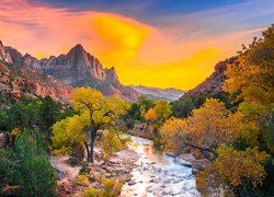 Park Narodowy Zion, Góry Watchman, Rzeka Virgin River, Kamienie, Drzewa, Jesień, Zachód słońca, Stan Utah, Stany Zjednoczone
