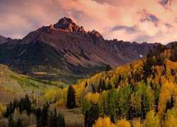 Góry, San Juan Mountains, Góra Mount Sneffels, Lasy, Drzewa, Jesień, Przełęcz Dallas Divide, Kolorado, Stany Zjednoczone