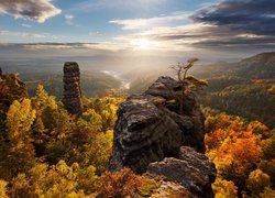 Park Narodowy Saskiej Szwajcarii, Góry Połabskie, Drzewa, Lasy, Skały, Słońce, Jesień, Niemcy