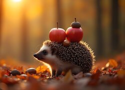 Jeż z dwoma jabłkami i kasztanem na grzbiecie