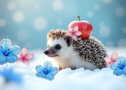 Jeż z jabłkiem i kolorowe kwiaty w śniegu