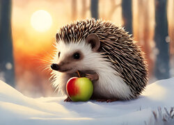 Jeż z jabłkiem na śniegu