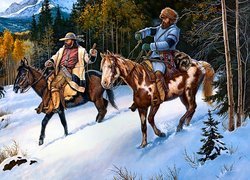 Jeźdźcy w zimowych górach na obrazie Jerry Crandalla