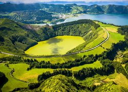 Jeziora, Lagoa de Santiago, Góry, Wzgórza, Drzewa, Gmina Ponta Delgada, Wyspa Sao Miguel, Azory, Portugalia