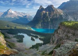 Kanada, Kolumbia Brytyjska, Park Narodowy Yoho, Jeziora, Mary Lake, Lake OHara, Góry, Drzewa, Chmury