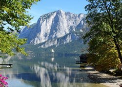Austria, Styria, Jezioro, Altaussee, Góry, Alpy, Drzewa