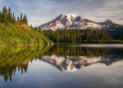 Góry, Jezioro, Bench Lake, Drzewa, Świerki, Odbicie, Park Narodowy Mount Rainier, Stratowulkan, Stan Waszyngton, Stany Zjednoczone