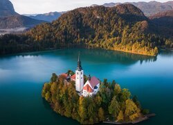 Słowenia, Jezioro, Bled, Wyspa, Kościół, Lasy, Góry, Drzewa