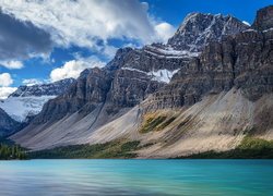 Góry, Góra, Crowfoot Mountain, Drzewa, Jezioro, Bow Lake, Park Narodowy Banff, Kanada, Alberta