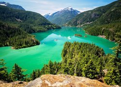 Stany Zjednoczone, Stan Waszyngton, Park Narodowy Północnych Gór Kaskadowych, Góry, Jezioro Diablo Lake, Wysepki, Drzewa