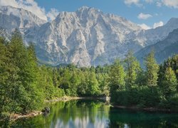 Jezioro Eibsee, Alpy Bawarskie, Góry, Zugspitze, Drzewa, Niemcy