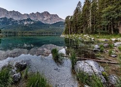 Góry, Alpy Bawarskie, Szczyt Zugspitze, Jezioro, Eibsee Lake, Drzewa, Odbicie, Bawaria, Niemcy