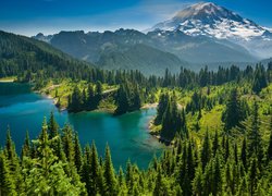 Las, Drzewa, Góry Kaskadowe, Góra, Mount Rainier, Jezioro, Eunice Lake, Park Narodowy Mount Rainier, Stan Waszyngton, Stany Zjednoczone