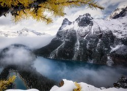 Góry, Canadian Rockies, Jezioro, OHara Lake, Las, Mgła, Chmury, Park Narodowy Yoho, Kanada