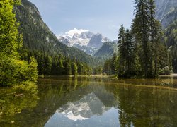 Austria, Góry Dachstein, Jezioro Gosauseen, Drzewa, Las, Niebo, Chmury, Mgła