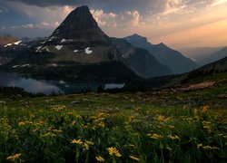 Park Narodowy Glacier, Góry Lewis Range, Góra Bearhat Mountain, Jezioro Hidden, Łąka, Żółte, Kwiaty, Chmury, Stan Montana, Stany Zjednoczone
