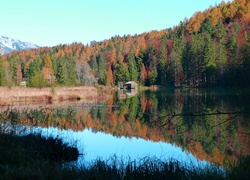 Jezioro i domek w kolorowym jesiennym lesie