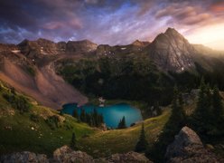 Rezerwat przyrody Alpine Lakes Wilderness, Góry, Jezioro, Świt, Stan Waszyngton, Stany Zjednoczone