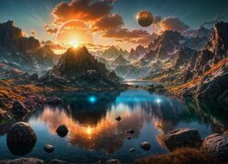 Jezioro i skaliste góry w blasku zachodzącego słońca