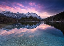 Góry, Jezioro Isarstausee Krun, Las, Roślinność, Chmury, Krun, Bawaria, Niemcy