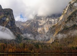 Góry, Alpy, Mgła, Drzewa, Jezioro Konigssee, Niemcy