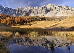 Góry, Jesienne, Drzewa, Jezioro, Lac Miroir, Ceillac, Queyras, Francja