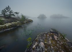 Jezioro Ładoga, Mgła, Drzewka, Skały, Wysepki, Karelia, Rosja