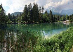 Jezioro, Lago Welsperg, Góry, Drzewa, Rośliny, Dom, Tonadico, Włochy