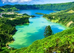 Jezioro, Lagoa do Fogo, Drzewa, Lasy, Góry, Masyw Sete Cidades, Ponta Delgada, Wyspa Sao Miguel, Azory, Portugalia