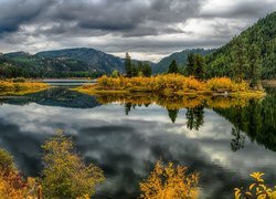 Stany Zjednoczone, Stan Montana, Jezioro Lake Alva, Lasy, Jesień, Wzgórza