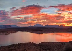 Jezioro, Lake Powell, Kanion, Glen Canyon, Skały, Wschód słońca, Arizona, Stany Zjednoczone