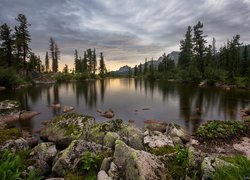 Jezioro Lazurnoye, Góry, Drzewa, Świerki, Kamienie, Park przyrody Ergaki, Syberia, Rosja