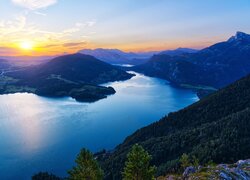 Austria, Góry, Alpy, Jezioro Mondsee, Wschód słońca