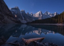 Góry, Jezioro, Moraine Lake, Konar, Drzewa, Odbicie, Park Narodowy Banff, Alberta, Kanada